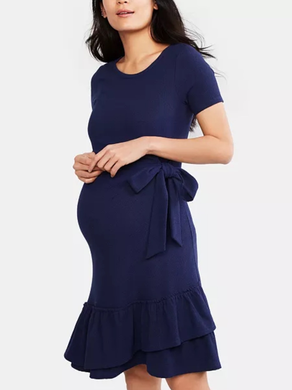 A Pea in the Pod Navy Short-Sleeve Ruffled Maternity Dress with Side Tie